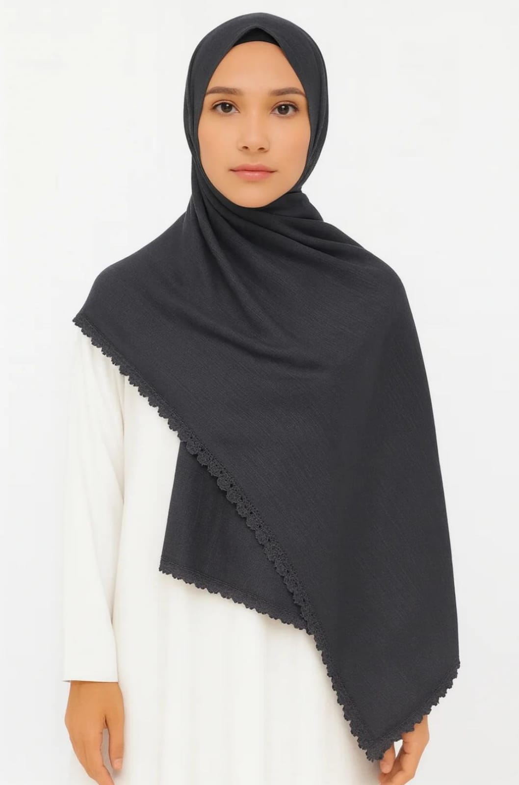 Turkish Lawn Lace Hijab – Charcoal