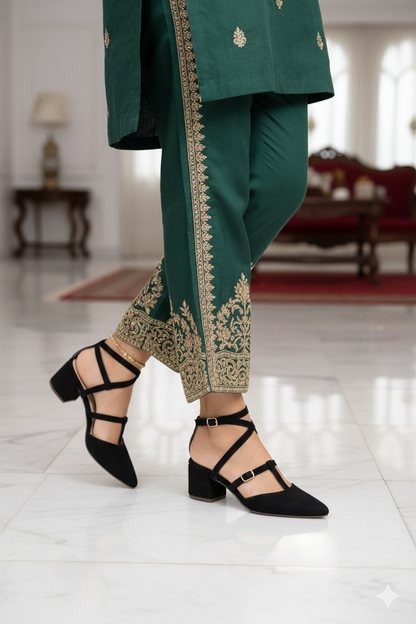 Midnight Black Velvet Closed-Toe Heel (T-Strap Style)