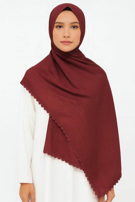 Turkish Lawn Lace Hijab – Burgundy