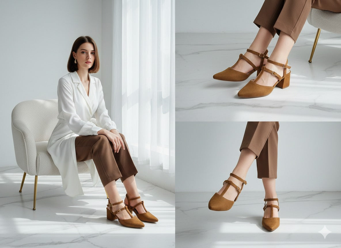 Brown Velvet Closed-Toe Heel (T-Strap Style)