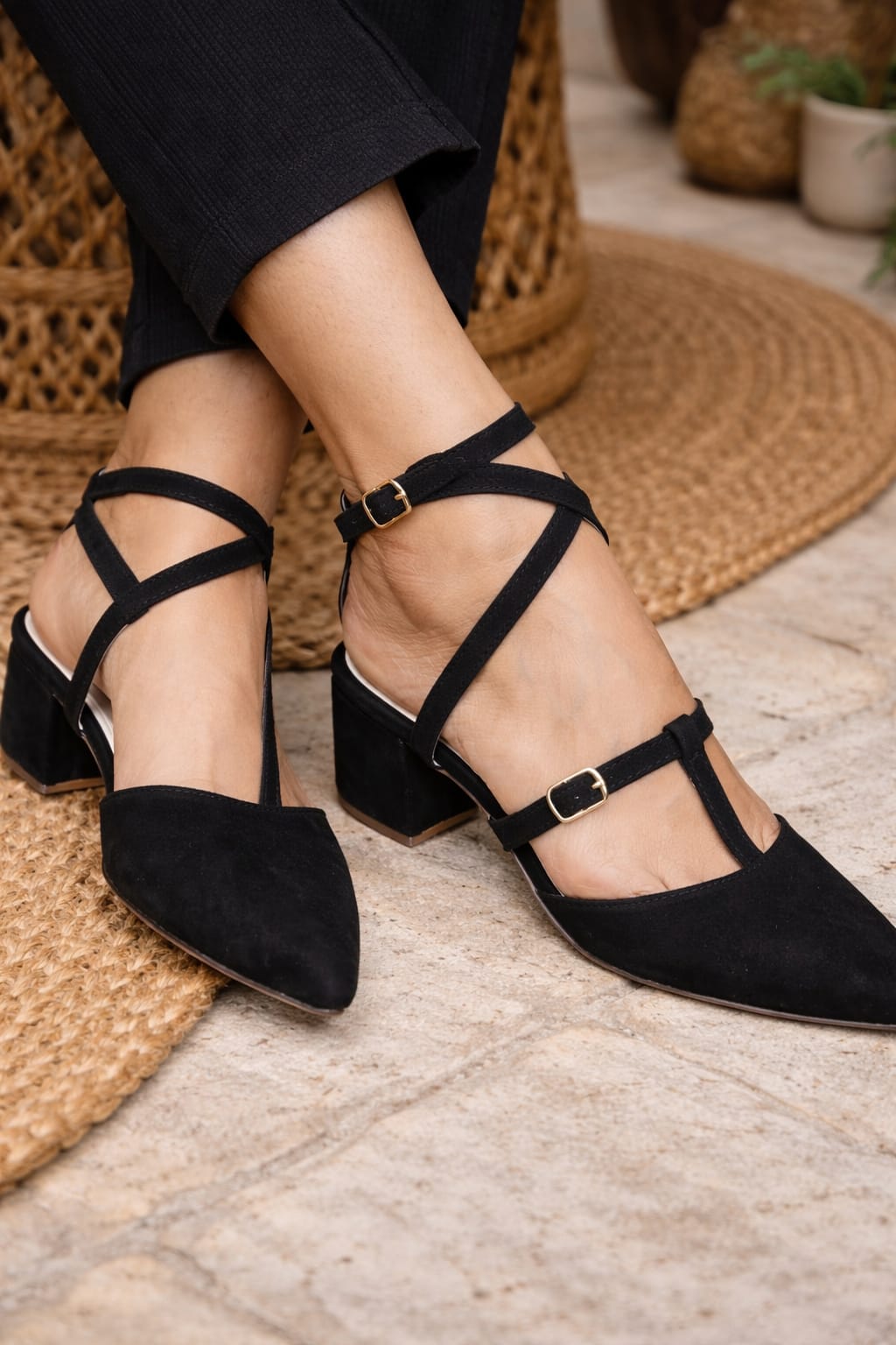 Midnight Black Velvet Closed-Toe Heel (T-Strap Style)