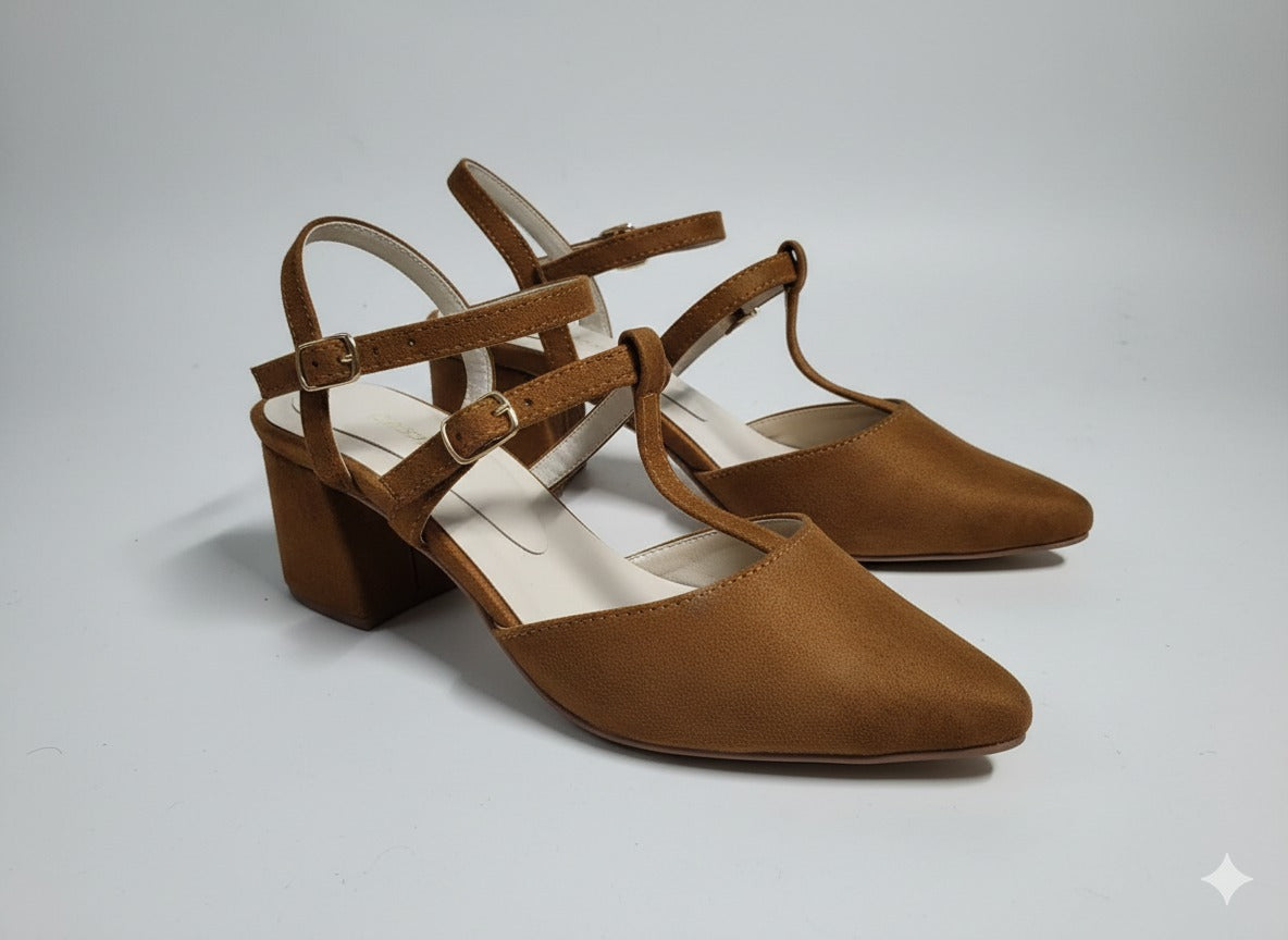 Brown Velvet Closed-Toe Heel (T-Strap Style)